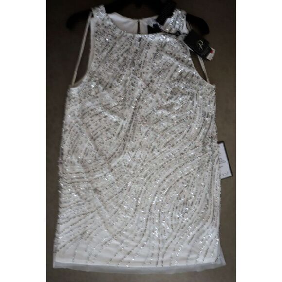 Adrianna Papell Women's Sz 14 Ivory Beaded Sequin Trapeze Lined Shift Dress - Picture 7 of 13